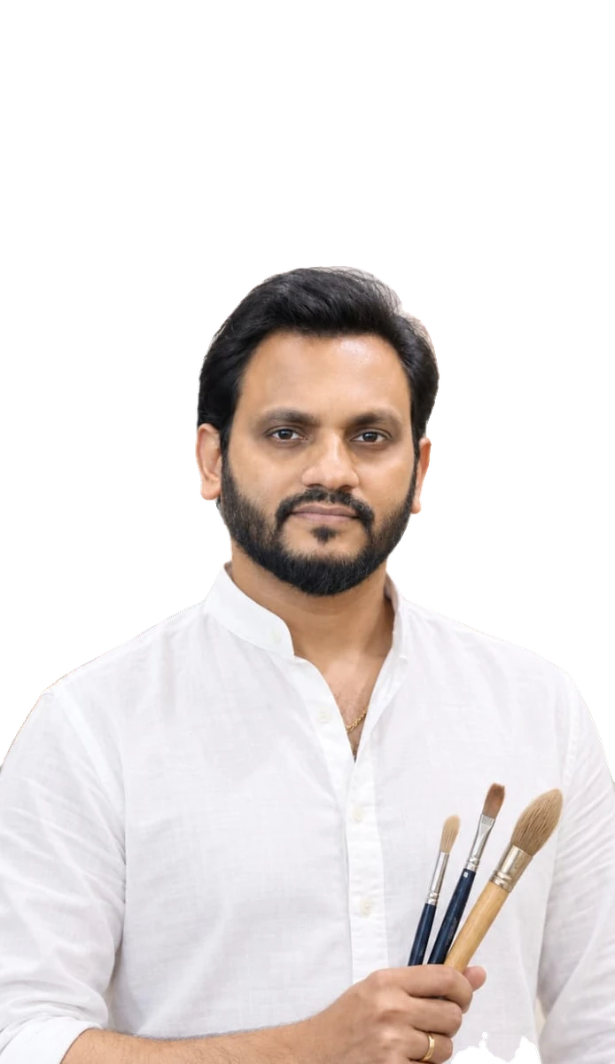 Portrait of Kiran Kumar, artist at ISOAG Gallery, Dubai